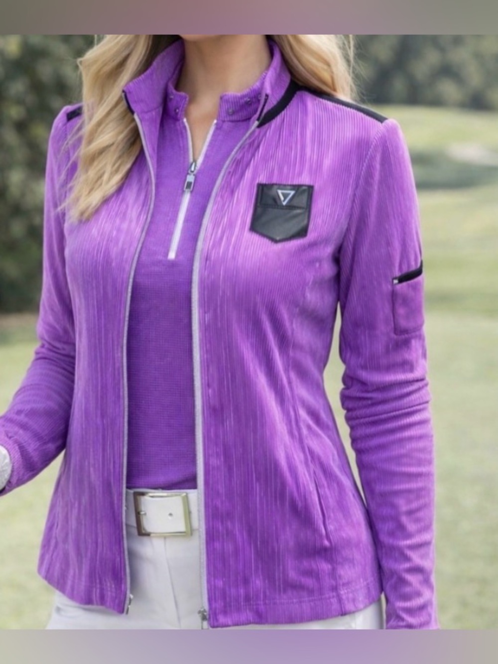 Jamie Sadock - Glam Golf- Orchid color Zip-Front Utility Jacket with Black Trim